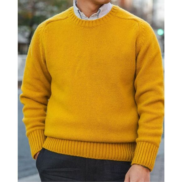 NWOT Federico Osti 100% Pure New Wool Mustard Yellow Men's Crewneck Sweater - Picture 1 of 11